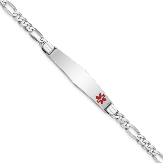 14K White Gold Medical Solid Chain/Solid Plate Soft Diamond Shape 37X9mm Off Center Red Enamel Figaro Link 8 Inch Id Bracelet