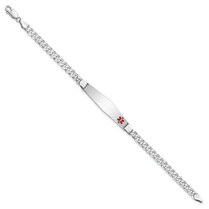 14K White Gold Medical Solid Chain/Solid Plate Soft Diamond Shape 37X9mm Off Center Red Enamel Flat Curb Link 7 Inch Id Bracelet