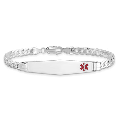 14K White Gold Medical Solid Chain/Solid Plate Soft Diamond Shape 37X9mm Off Center Red Enamel Flat Curb Link 8 Inch Id Bracelet