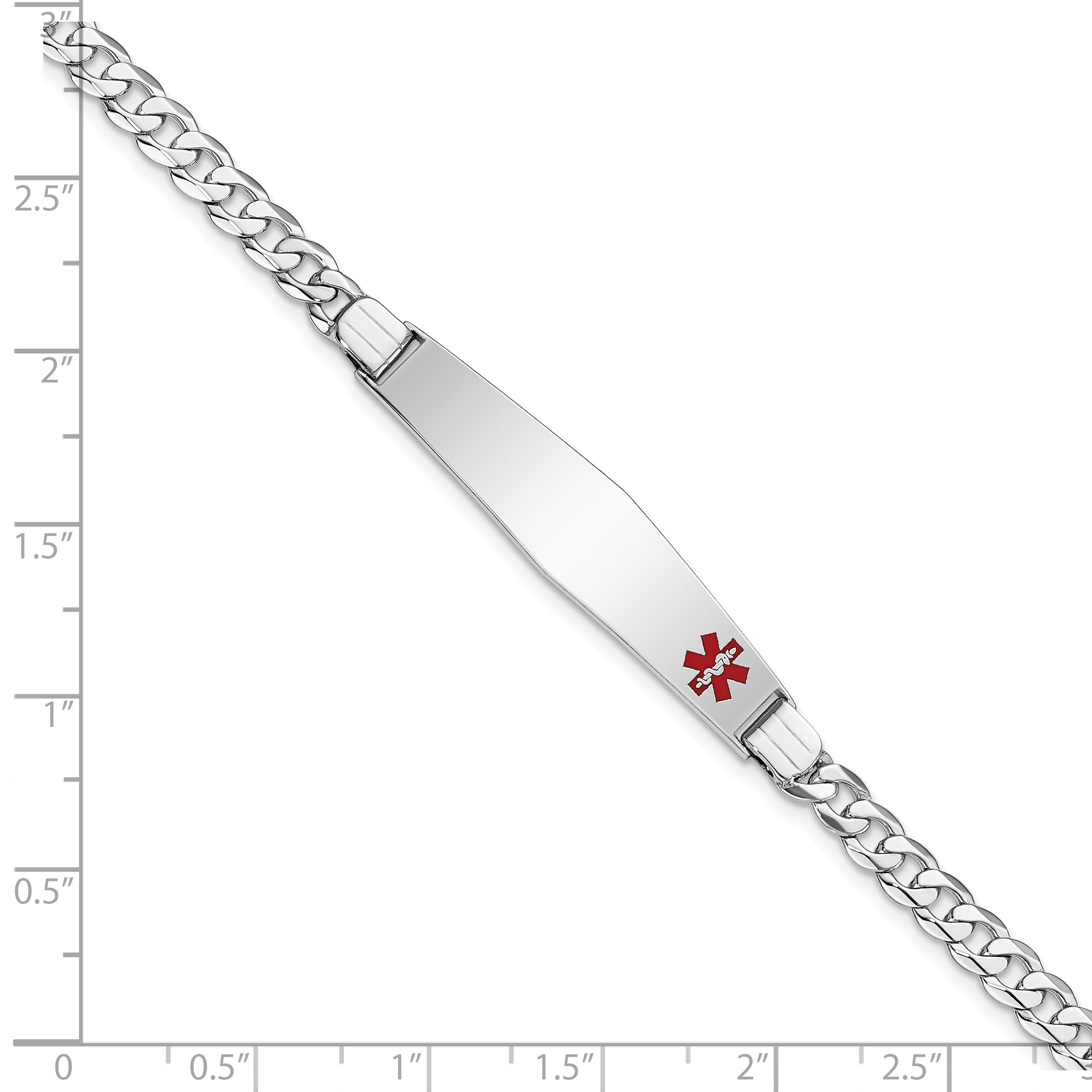 14K White Gold Medical Solid Chain/Solid Plate Soft Diamond Shape 37X9mm Off Center Red Enamel Flat Curb Link 8 Inch Id Bracelet
