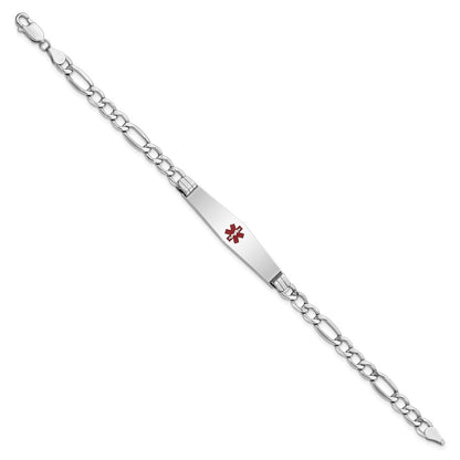 14K White Gold Medical Semi Solid Chain/Solid Plate Soft Diamond Shape 37X9mm Centered Red Enamel Figaro Link 7 Inch Id Bracelet