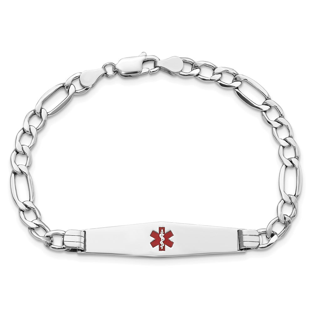 14K White Gold Medical Semi Solid Chain/Solid Plate Soft Diamond Shape 37X9mm Centered Red Enamel Figaro Link 7 Inch Id Bracelet