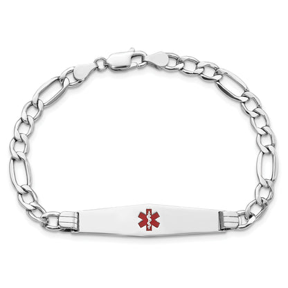 14K White Gold Medical Semi Solid Chain/Solid Plate Soft Diamond Shape 37X9mm Centered Red Enamel Figaro Link 8 Inch Id Bracelet