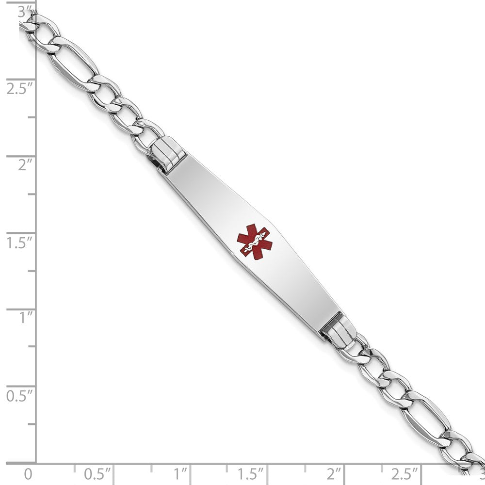 14K White Gold Medical Semi Solid Chain/Solid Plate Soft Diamond Shape 37X9mm Centered Red Enamel Figaro Link 7 Inch Id Bracelet