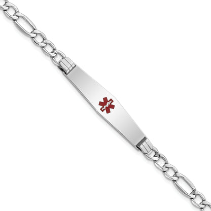 14K White Gold Medical Semi Solid Chain/Solid Plate Soft Diamond Shape 37X9mm Centered Red Enamel Figaro Link 8 Inch Id Bracelet