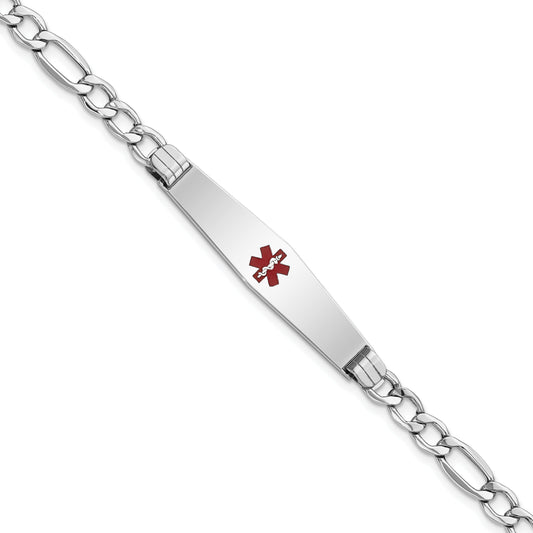 14K White Gold Medical Semi Solid Chain/Solid Plate Soft Diamond Shape 37X9mm Centered Red Enamel Figaro Link 8 Inch Id Bracelet