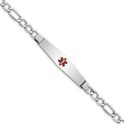 14K White Gold Medical Semi Solid Chain/Solid Plate Soft Diamond Shape 37X9mm Centered Red Enamel Figaro Link 7 Inch Id Bracelet