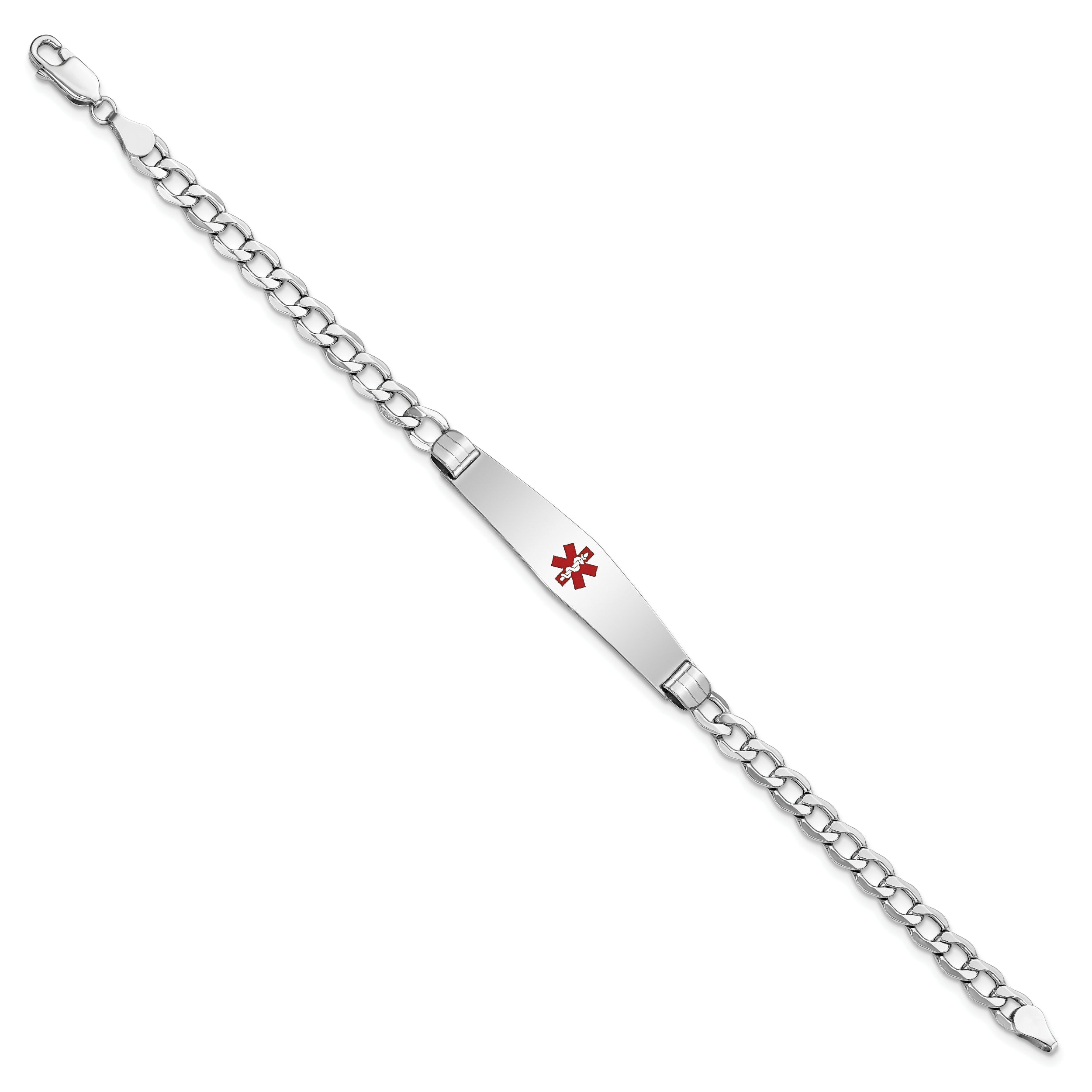 14K White Gold Medical Semi Solid Chain/Solid Plate Soft Diamond Shape 36X9mm Centered Red Enamel Curb Link 8 Inch Id Bracelet
