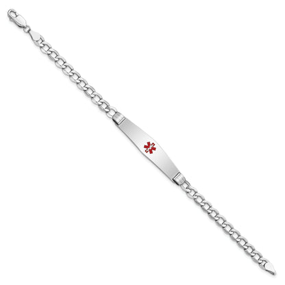 14K White Gold Medical Semi Solid Chain/Solid Plate Soft Diamond Shape 36X9mm Centered Red Enamel Curb Link 8 Inch Id Bracelet
