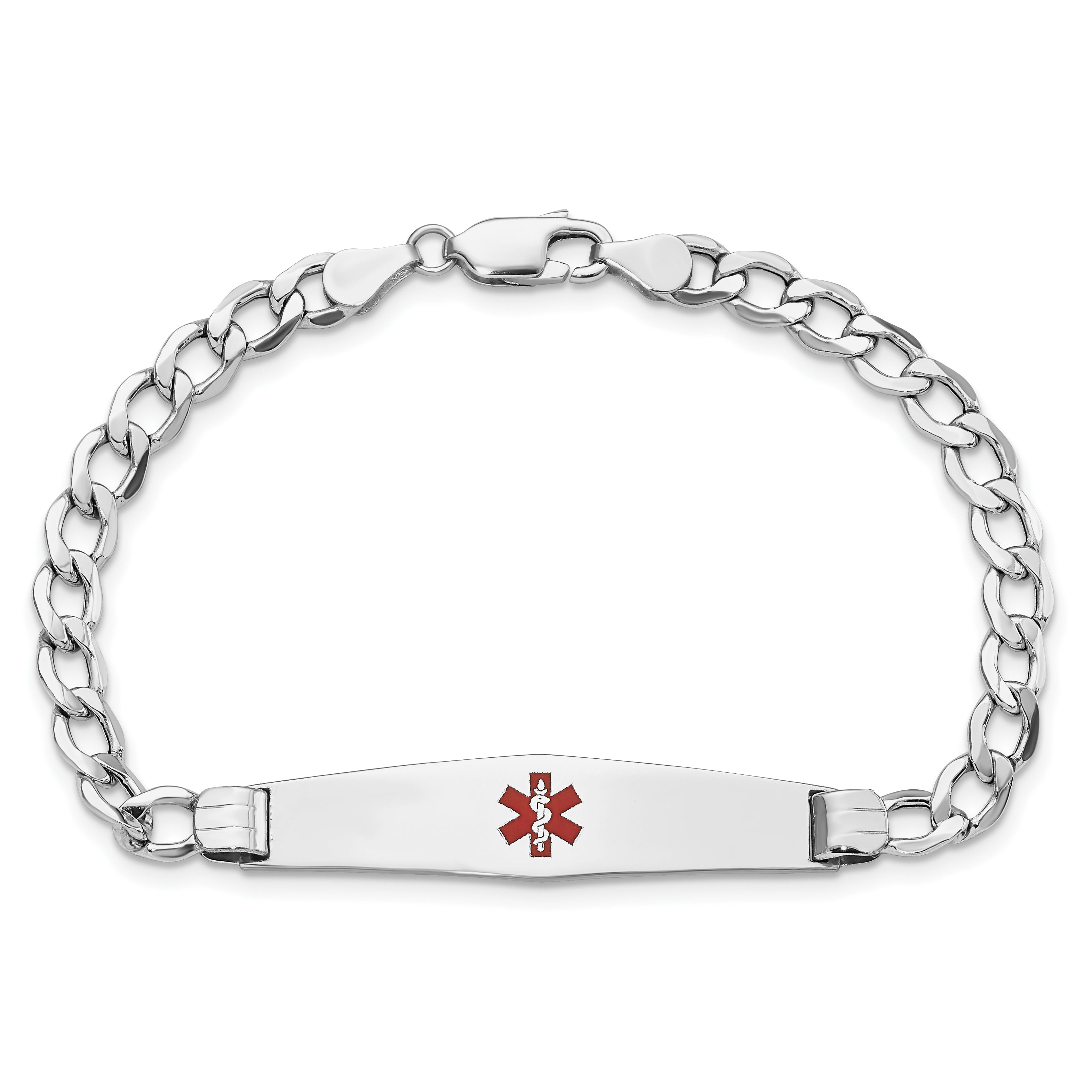 14K White Gold Medical Semi Solid Chain/Solid Plate Soft Diamond Shape 36X9mm Centered Red Enamel Curb Link 7 Inch Id Bracelet