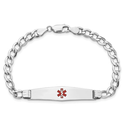 14K White Gold Medical Semi Solid Chain/Solid Plate Soft Diamond Shape 36X9mm Centered Red Enamel Curb Link 7 Inch Id Bracelet