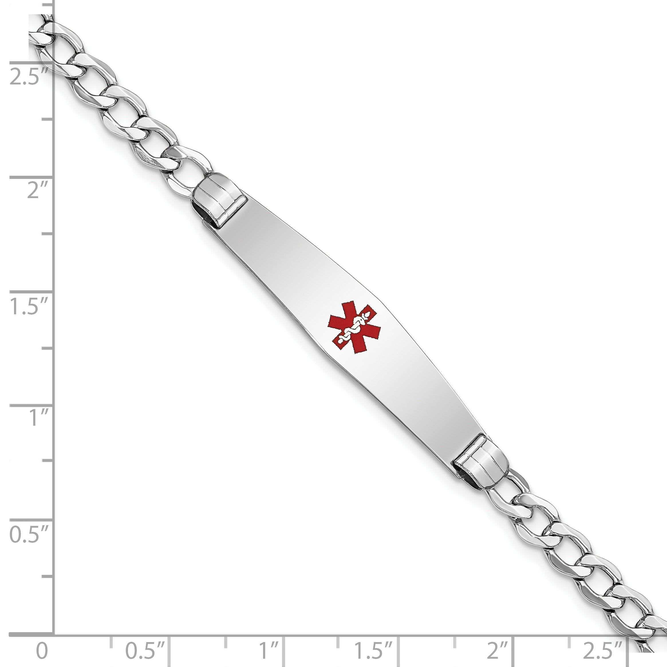 14K White Gold Medical Semi Solid Chain/Solid Plate Soft Diamond Shape 36X9mm Centered Red Enamel Curb Link 8 Inch Id Bracelet