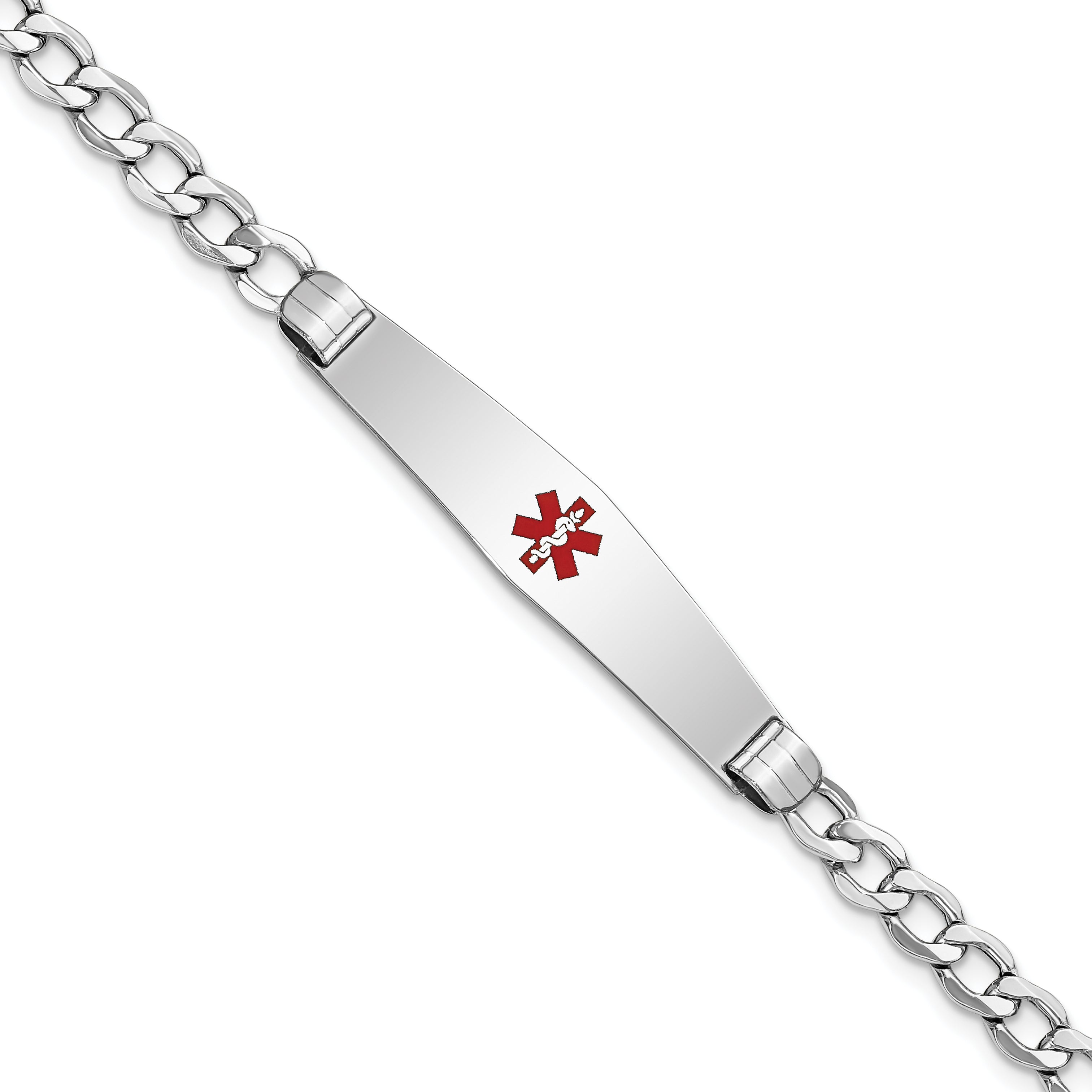 14K White Gold Medical Semi Solid Chain/Solid Plate Soft Diamond Shape 36X9mm Centered Red Enamel Curb Link 8 Inch Id Bracelet