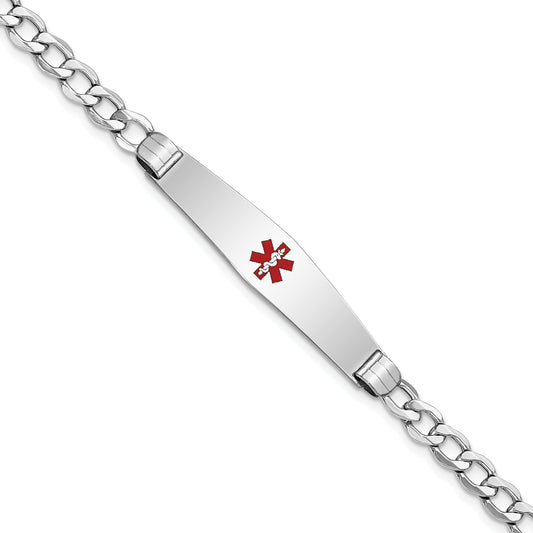 14K White Gold Medical Semi Solid Chain/Solid Plate Soft Diamond Shape 36X9mm Centered Red Enamel Curb Link 8 Inch Id Bracelet