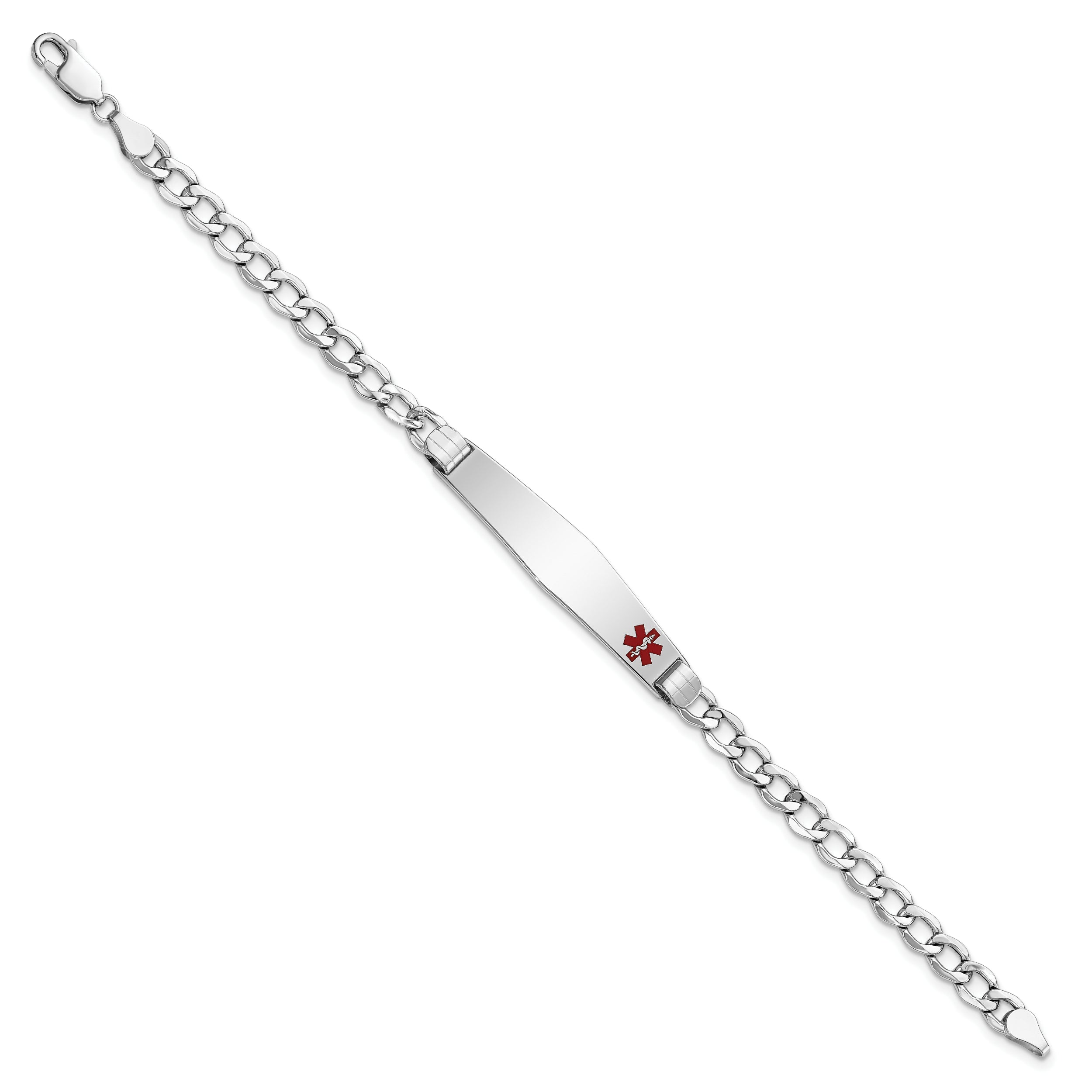 14K White Gold Medical Semi Solid Chain/Solid Plate Soft Diamond Shape 37X9mm Off Center Red Enamel Cuban Link 7 Inch Id Bracelet