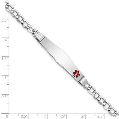 14K White Gold Medical Semi Solid Chain/Solid Plate Soft Diamond Shape 37X9mm Off Center Red Enamel Cuban Link 7 Inch Id Bracelet