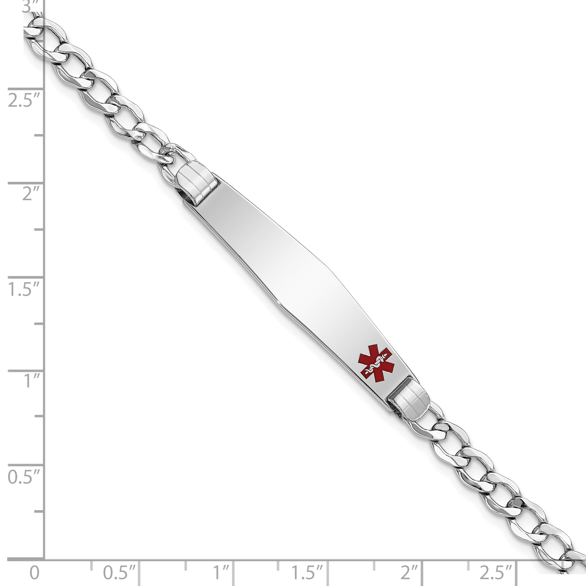14K White Gold Medical Semi Solid Chain/Solid Plate Soft Diamond Shape 37X9mm Off Center Red Enamel Cuban Link 8 Inch Id Bracelet