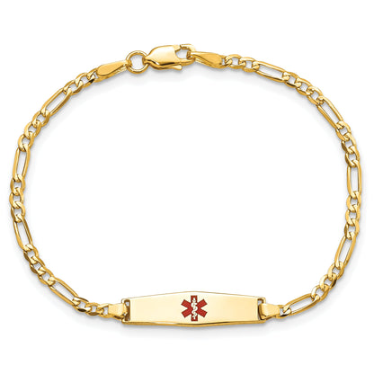 14K Yellow Gold Medical Solid Chain/Solid Plate 20X5mm Soft Diamond Shape Centered Red Enamel Figaro Link 8 Inch Id Bracelet