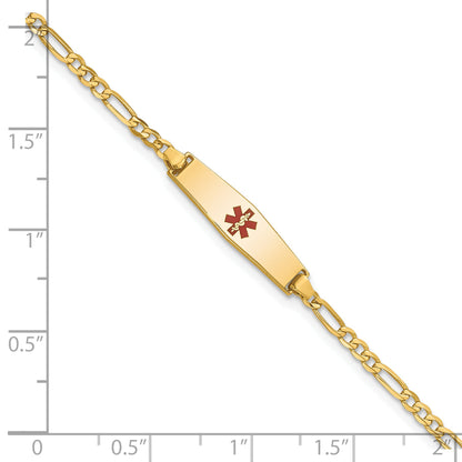 14K Yellow Gold Medical Solid Chain/Solid Plate 20X5mm Soft Diamond Shape Centered Red Enamel Figaro Link 8 Inch Id Bracelet