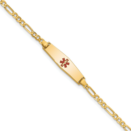 14K Yellow Gold Medical Solid Chain/Solid Plate 20X5mm Soft Diamond Shape Centered Red Enamel Figaro Link 8 Inch Id Bracelet