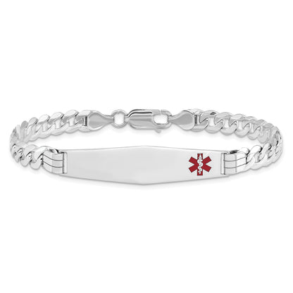 14K White Gold Medical Solid Chain/Solid Plate Soft Diamond Shape 38X9mm Off Center Red Enamel Flat Curb Link 8 Inch Id Bracelet