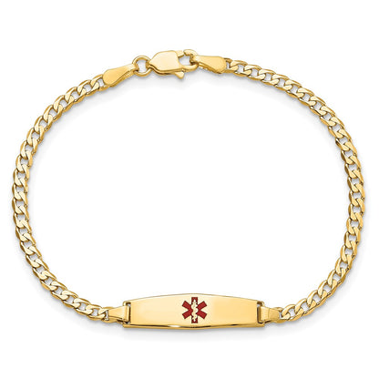 14K Yellow Gold Medical Solid Chain/Solid Plate 20X5mm Soft Diamond Shape Centered Red Enamel Curb Link 7 Inch Id Bracelet