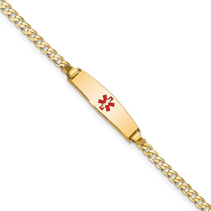 14K Yellow Gold Medical Solid Chain/Solid Plate 20X5mm Soft Diamond Shape Centered Red Enamel Curb Link 7 Inch Id Bracelet