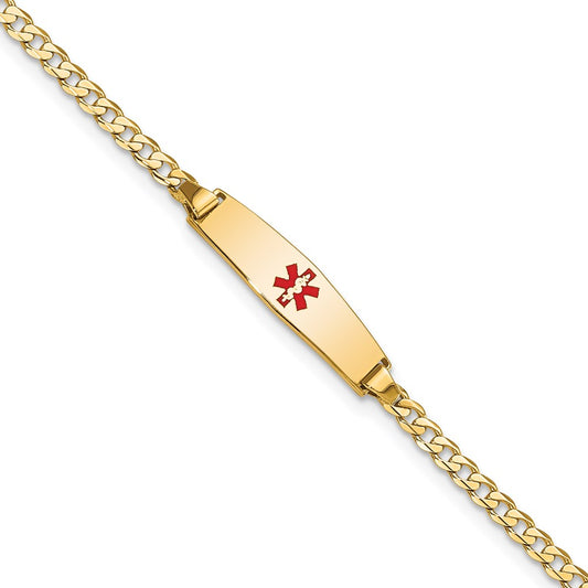 14K Yellow Gold Medical Solid Chain/Solid Plate 20X5mm Soft Diamond Shape Centered Red Enamel Curb Link 7 Inch Id Bracelet