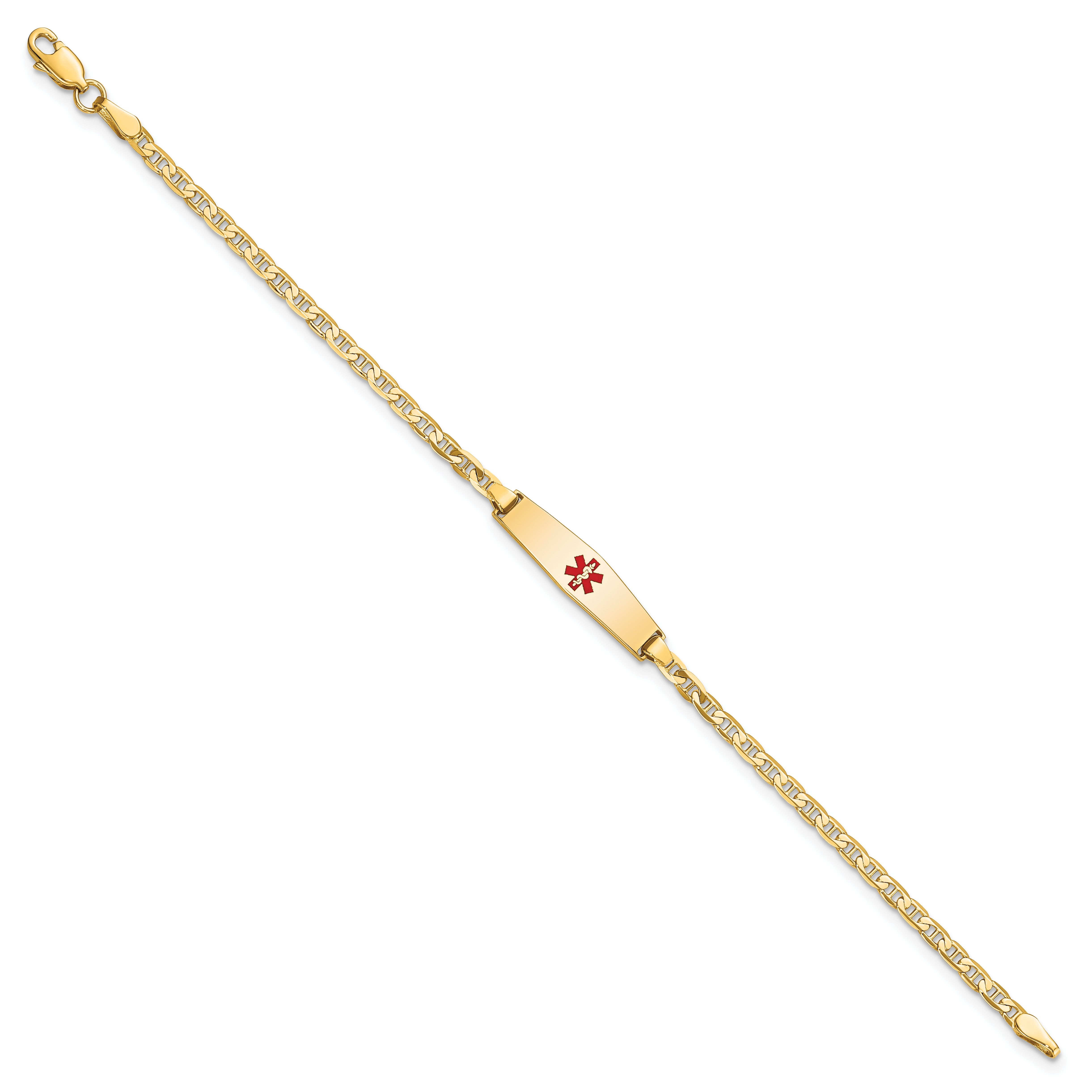 14K Yellow Gold Medical Solid Chain/Solid Plate 20X5mm Soft Diamond Shape Centered Red Enamel Flat Anchor Link 7 Inch Id Bracelet