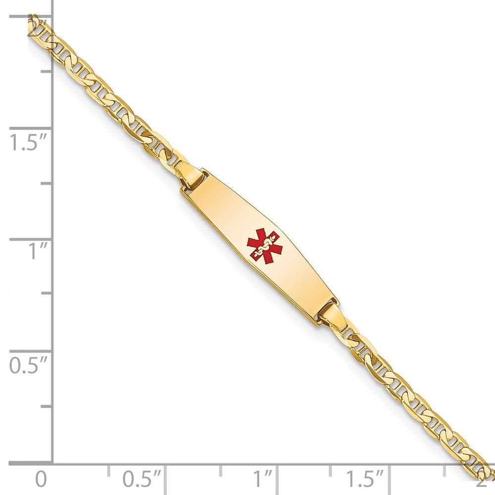 14K Yellow Gold Medical Solid Chain/Solid Plate 20X5mm Soft Diamond Shape Centered Red Enamel Flat Anchor Link 7 Inch Id Bracelet