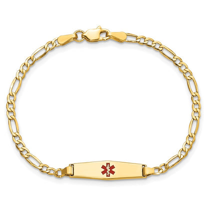 14K Yellow Gold Medical Semi Solid Chain/Solid Plate 20X5mm Soft Diamond Shape Centered Red Enamel Figaro Link 7 Inch Id Bracelet
