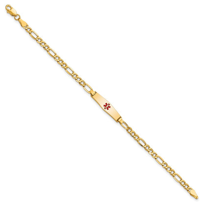 14K Yellow Gold Medical Semi Solid Chain/Solid Plate 20X5mm Soft Diamond Shape Centered Red Enamel Figaro Link 7 Inch Id Bracelet