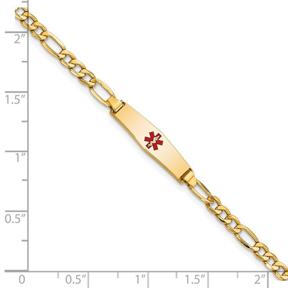 14K Yellow Gold Medical Semi Solid Chain/Solid Plate 20X5mm Soft Diamond Shape Centered Red Enamel Figaro Link 7 Inch Id Bracelet