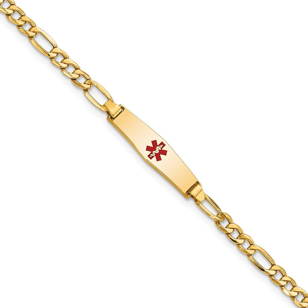14K Yellow Gold Medical Semi Solid Chain/Solid Plate 20X5mm Soft Diamond Shape Centered Red Enamel Figaro Link 7 Inch Id Bracelet