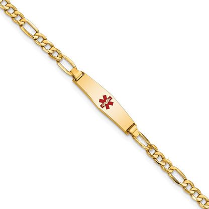 14K Yellow Gold Medical Semi Solid Chain/Solid Plate 20X5mm Soft Diamond Shape Centered Red Enamel Figaro Link 7 Inch Id Bracelet