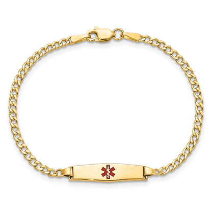 14K Yellow Gold Medical Semi Solid Chain/Solid Plate 20X5mm Soft Diamond Shape Centered Red Enamel Cuban Link 7 Inch Id Bracelet