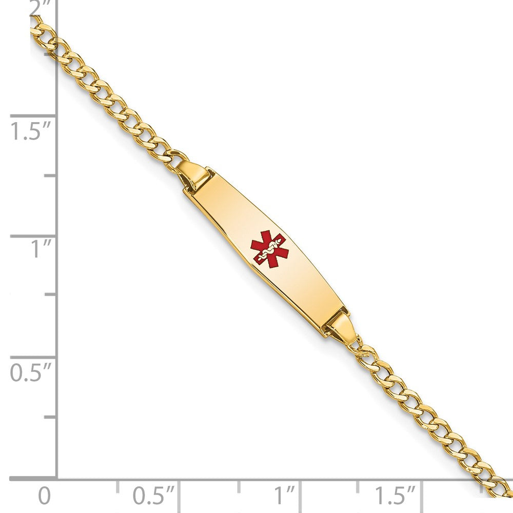 14K Yellow Gold Medical Semi Solid Chain/Solid Plate 20X5mm Soft Diamond Shape Centered Red Enamel Cuban Link 6 Inch Baby/Child Id Bracelet