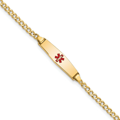 14K Yellow Gold Medical Semi Solid Chain/Solid Plate 20X5mm Soft Diamond Shape Centered Red Enamel Cuban Link 7 Inch Id Bracelet