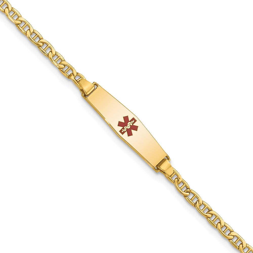 14K Yellow Gold Medical Semi Solid Chain/Solid Plate 20X5mm Soft Diamond Shape Centered Red Enamel Anchor Link 6 Inch Baby/Child Id Bracelet