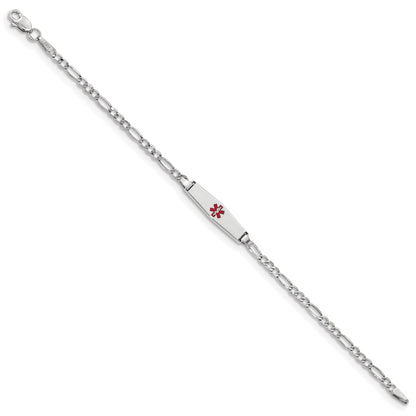 14K White Gold Medical Semi Solid Chain/Solid Plate 20X5mm Soft Diamond Shape Centered Red Enamel Figaro Link 6 Inch Baby/Child Id Bracelet