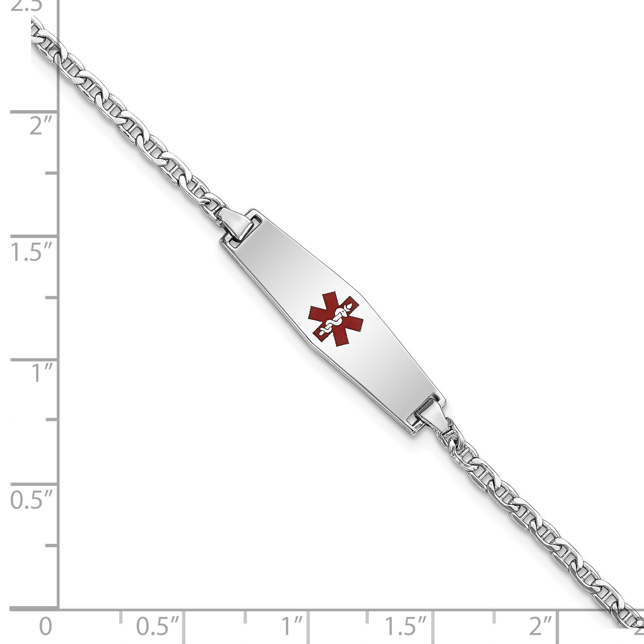 14K White Gold Medical Semi Solid Chain/Solid Plate 25X7mm Soft Diamond Shape Centered Red Enamel Anchor Link 6 Inch Baby/Child Id Bracelet