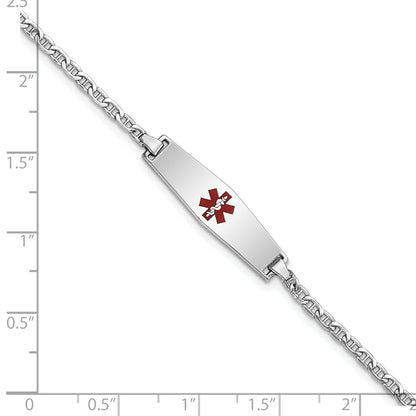 14K White Gold Medical Semi Solid Chain/Solid Plate 25X7mm Soft Diamond Shape Centered Red Enamel Anchor Link 6 Inch Baby/Child Id Bracelet