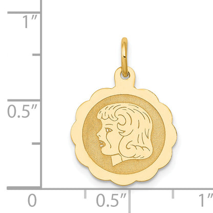14k Yellow Gold 14k Girl Head on .013 Gauge Engravable Scalloped Disc Charm