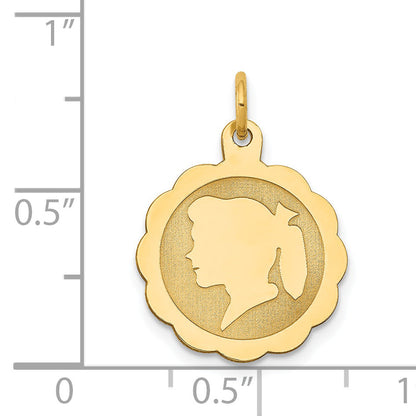 14k Yellow Gold 14k Girl Head on .013 Gauge Engravable Scalloped Disc Charm
