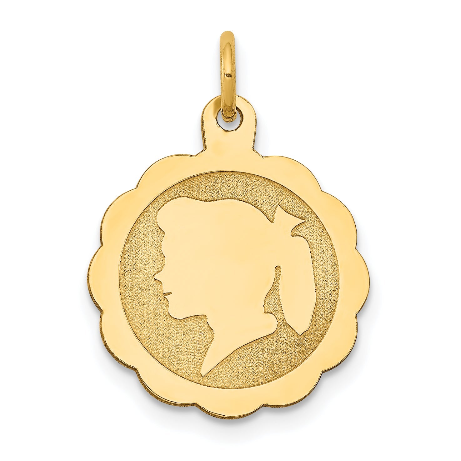 14k Yellow Gold 14k Girl Head on .018 Gauge Engravable Scalloped Disc Charm