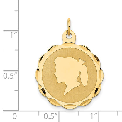 14k Yellow Gold 14k Girl Head on .011 Gauge Engravable Scalloped Disc Charm