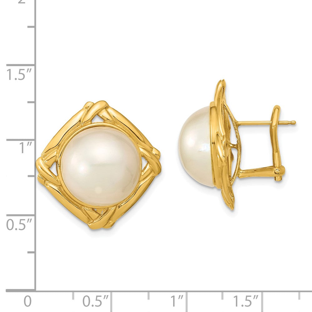 14K Yellow Gold 13 14mm White Mabe Saltwater Cultured Pearl Omega Back Earrings
