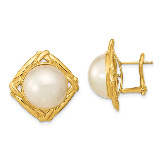 14K Yellow Gold 13 14mm White Mabe Saltwater Cultured Pearl Omega Back Earrings