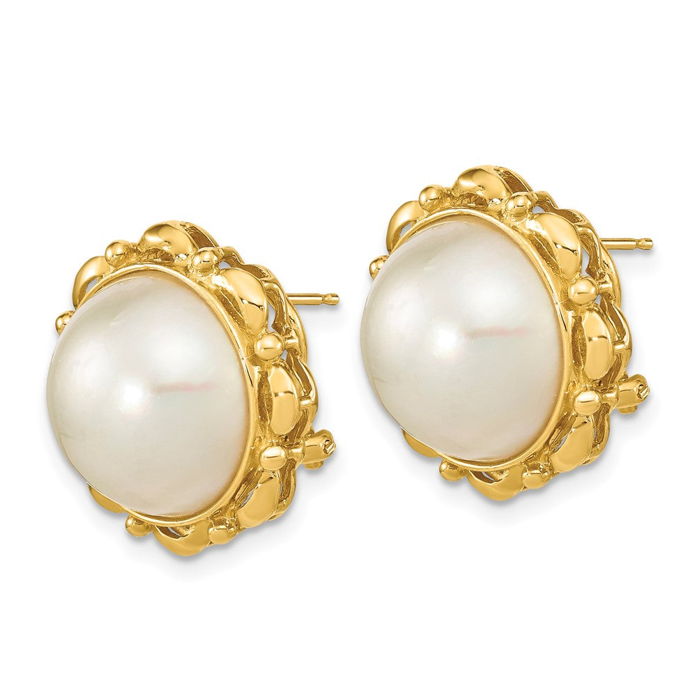 14K Yellow Gold 13 14mm White Mabe Saltwater Cultured Pearl Omega Back Earrings