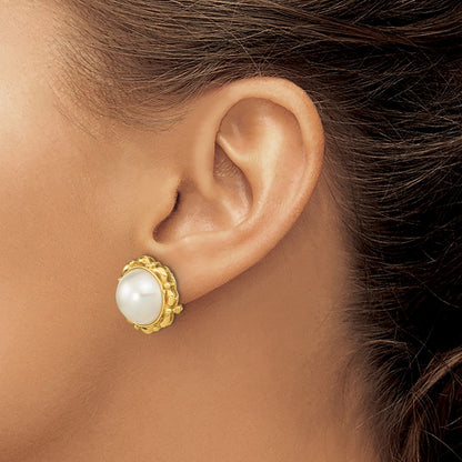 14K Yellow Gold 13 14mm White Mabe Saltwater Cultured Pearl Omega Back Earrings